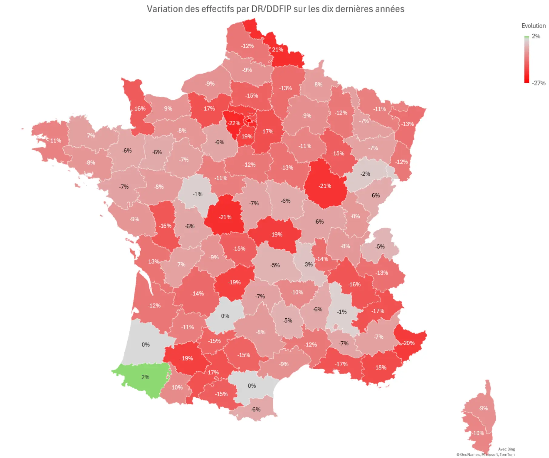 Carte de la france détaillant par département l'évolution des effectifs de la DGFiP sur dix ans
