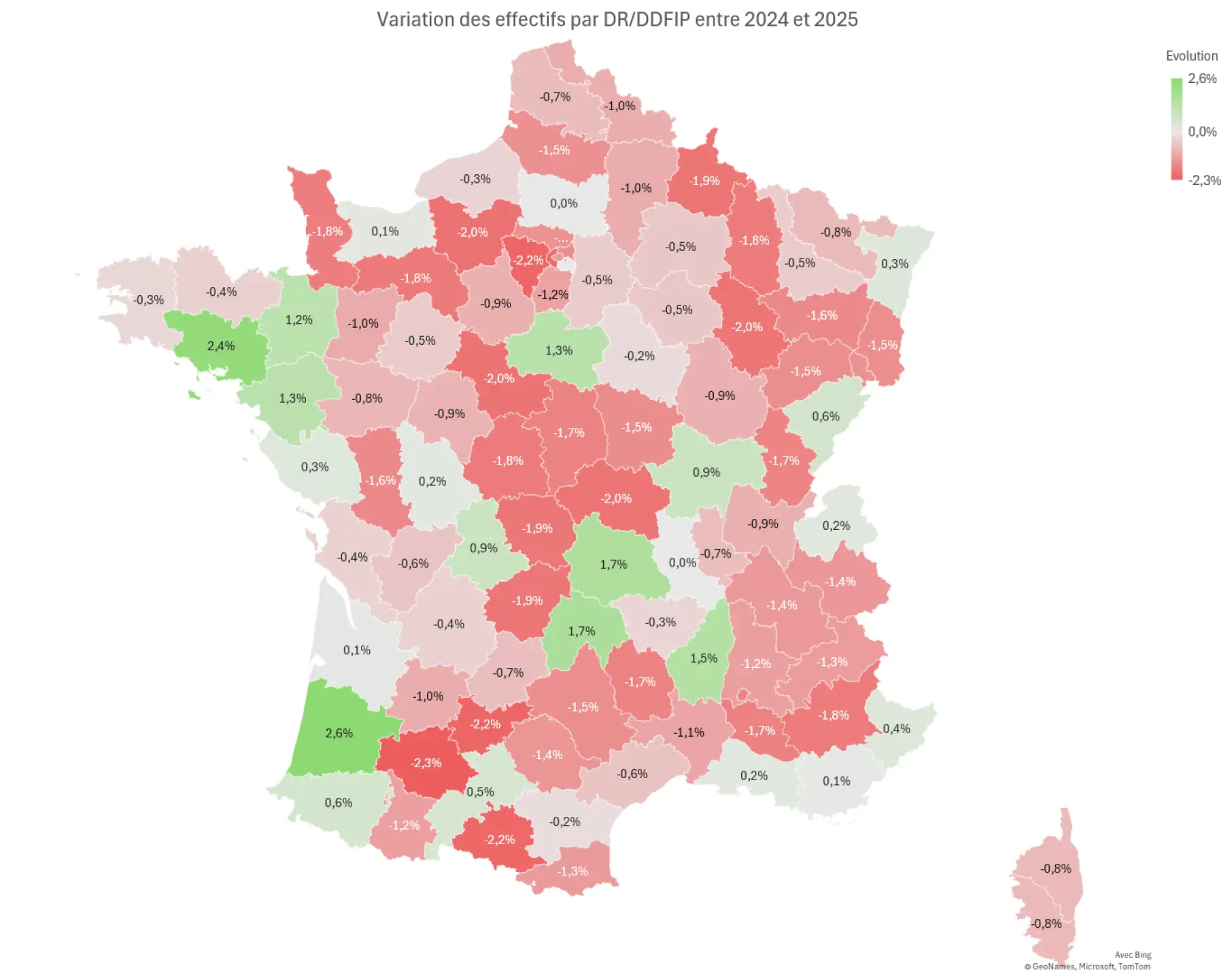 Carte de la france détaillant par département l'évolution des effectifs de la DGFiP entre 2024 et 2025
