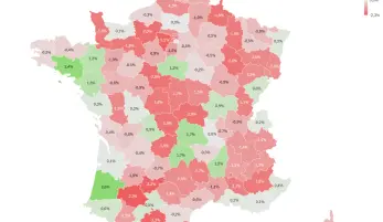 Carte de la france détaillant par département l'évolution des effectifs de la DGFiP entre 2024 et 2025
