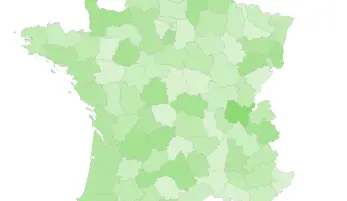 Carte de France en tons verts avec frontières départementales apparentes