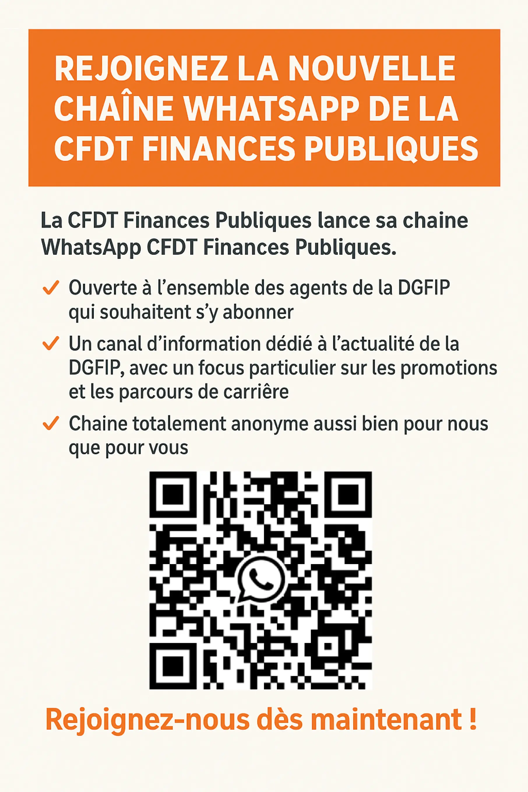 Affiche - Chaîne WhatsApp CFDT Finances Publiques (image partiellement générée par IA)