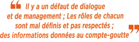 Il y a un défaut de dialogue et de management ; Les rôles de chacun sont mal définis et pas respectés ; des informations données au compte-goutte