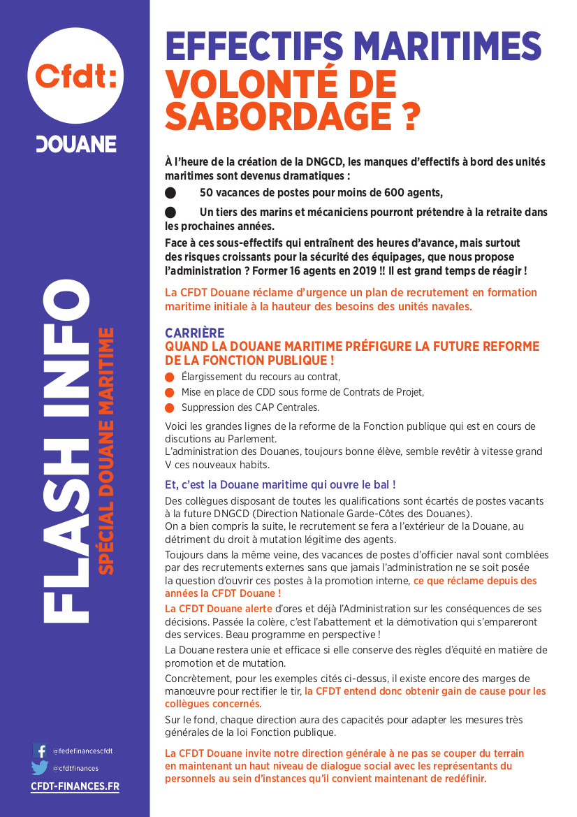 Flash Info CFDT Douane - Notre flotte en passe d'un sabordage 25.06.2019