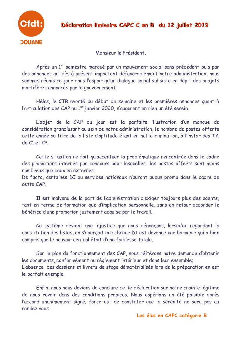 Déclaration liminaire CAP C en B du 12.07.2019