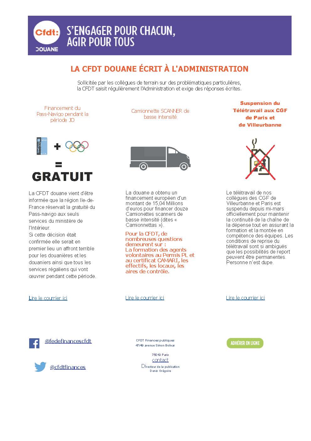 La CFDT écrit à l'administration Pass navigo, camionnette, CGF