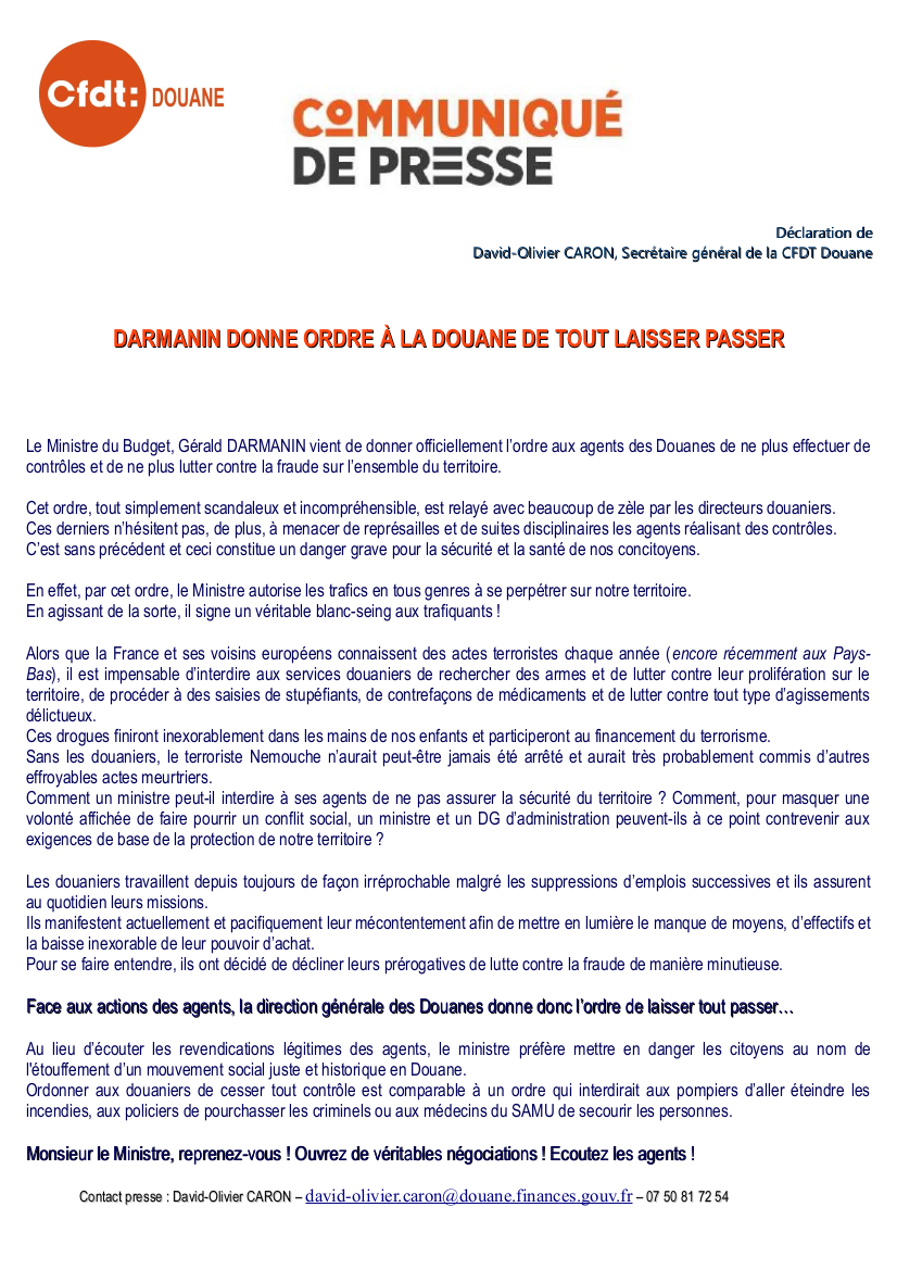 Communiqué de presse Darmanin donne l'ordre à la Douane de tout laisser passer. 20.03.2019