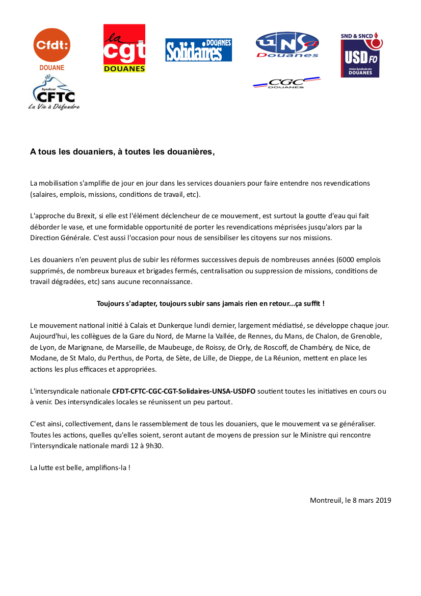 Communiqué intersyndical de soutien aux actions 08.03.2019.