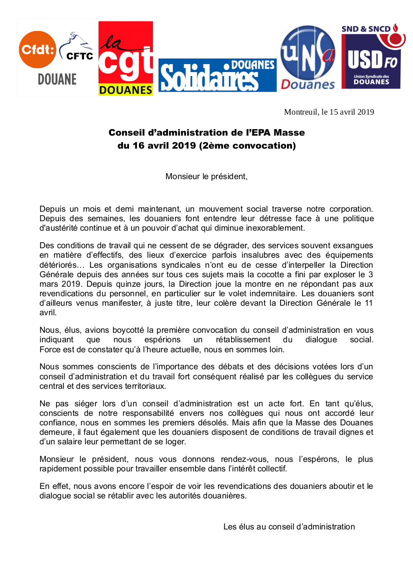 Déclaration intersyndicale au CA EPA Masse du 16.04.2019