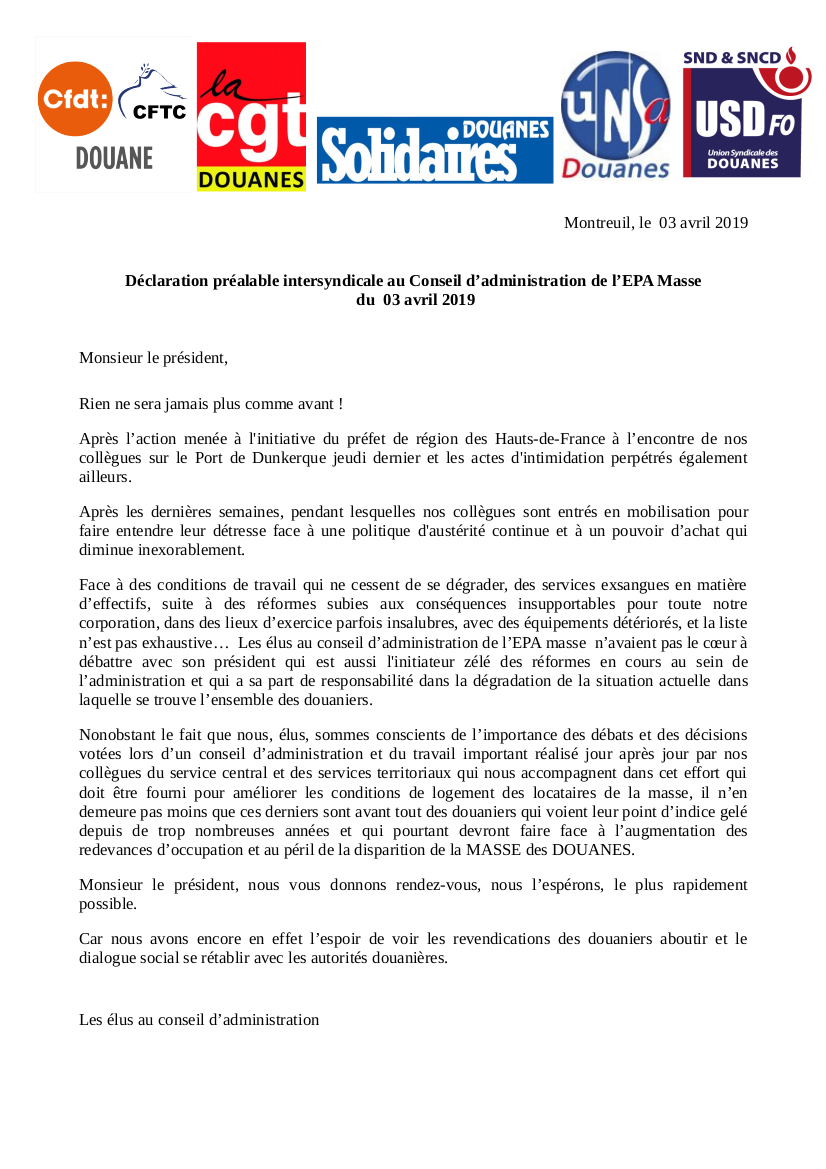 DP intersyndicale du CA EPA Masse du 3.04.2019