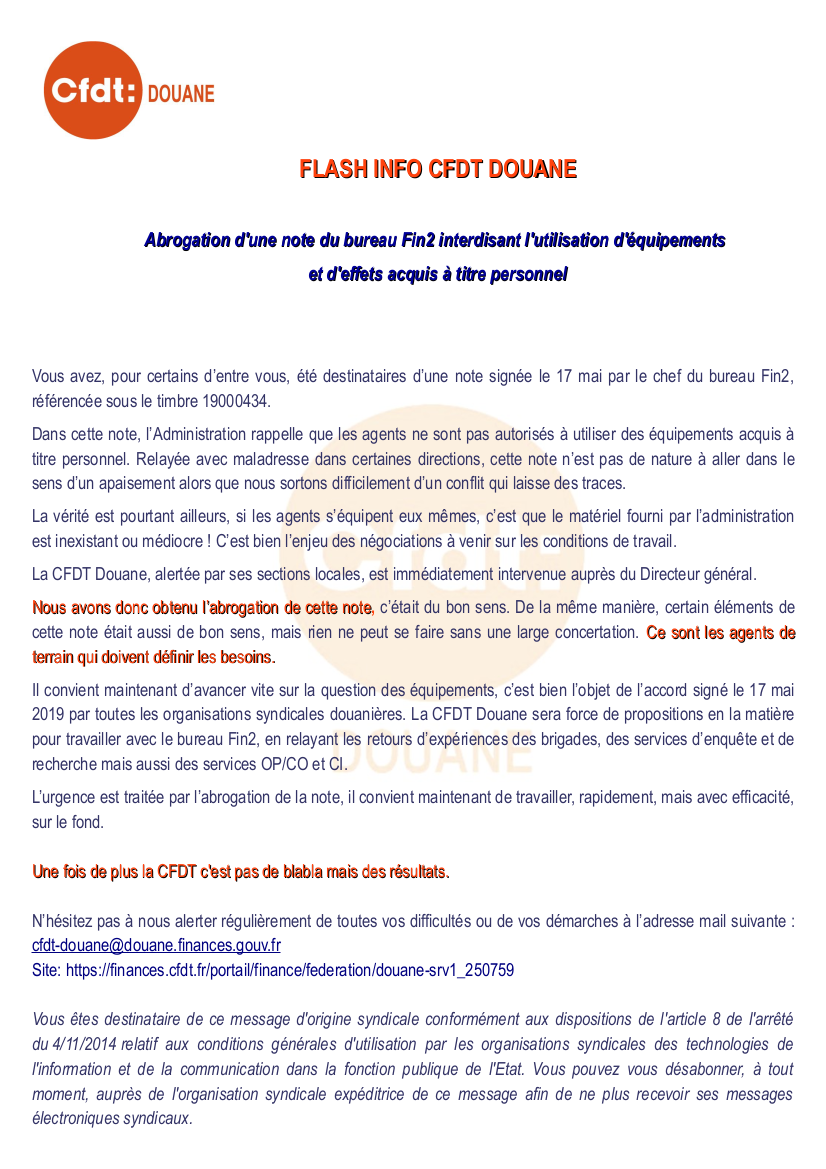 Flash info CFDT Douane Abrogation d'une N.A du bureau Fin2 Acquisition d'effet et matériels à titre personnels 29.05.2019.