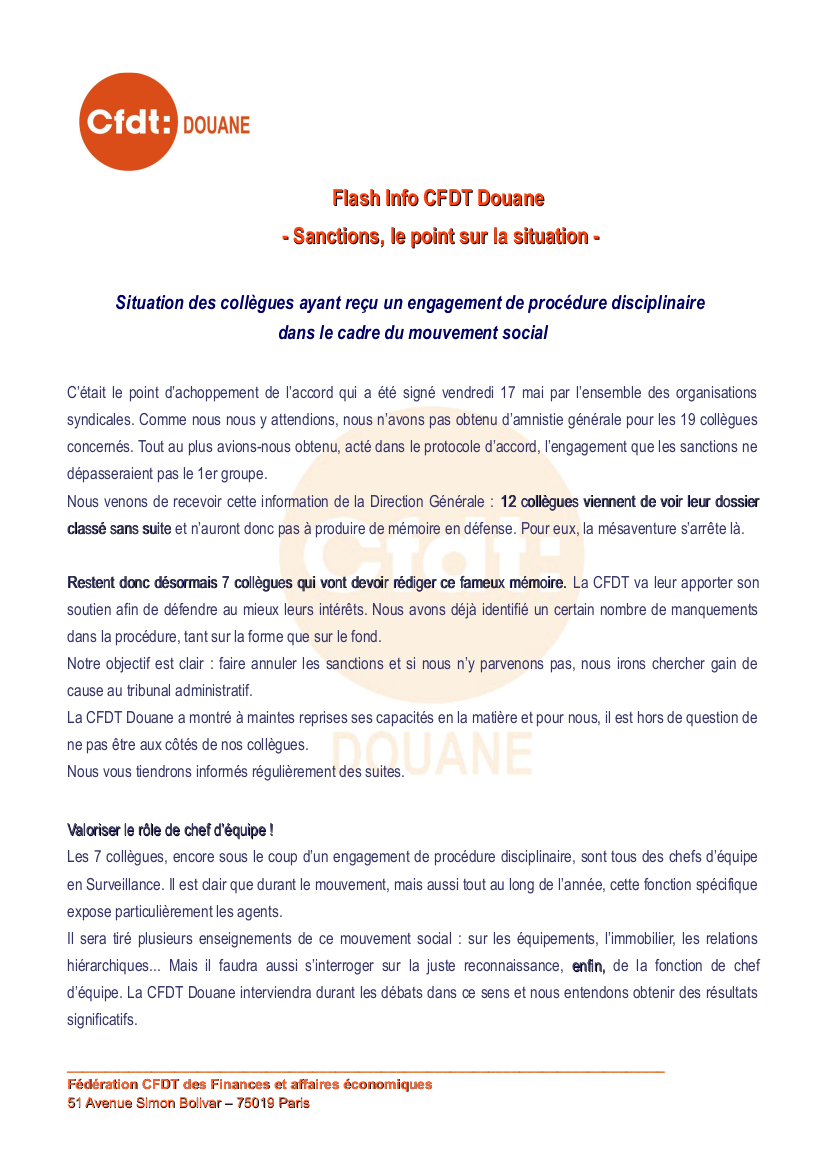 Flash info CFDT Douane Sanctions, le point sur la situation 29.05.2019